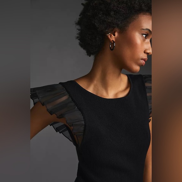 Anthropologie Black Ribbed Knit Sheer Ruffled Sleeve Sweater Balletcore Top S - Picture 2 of 9